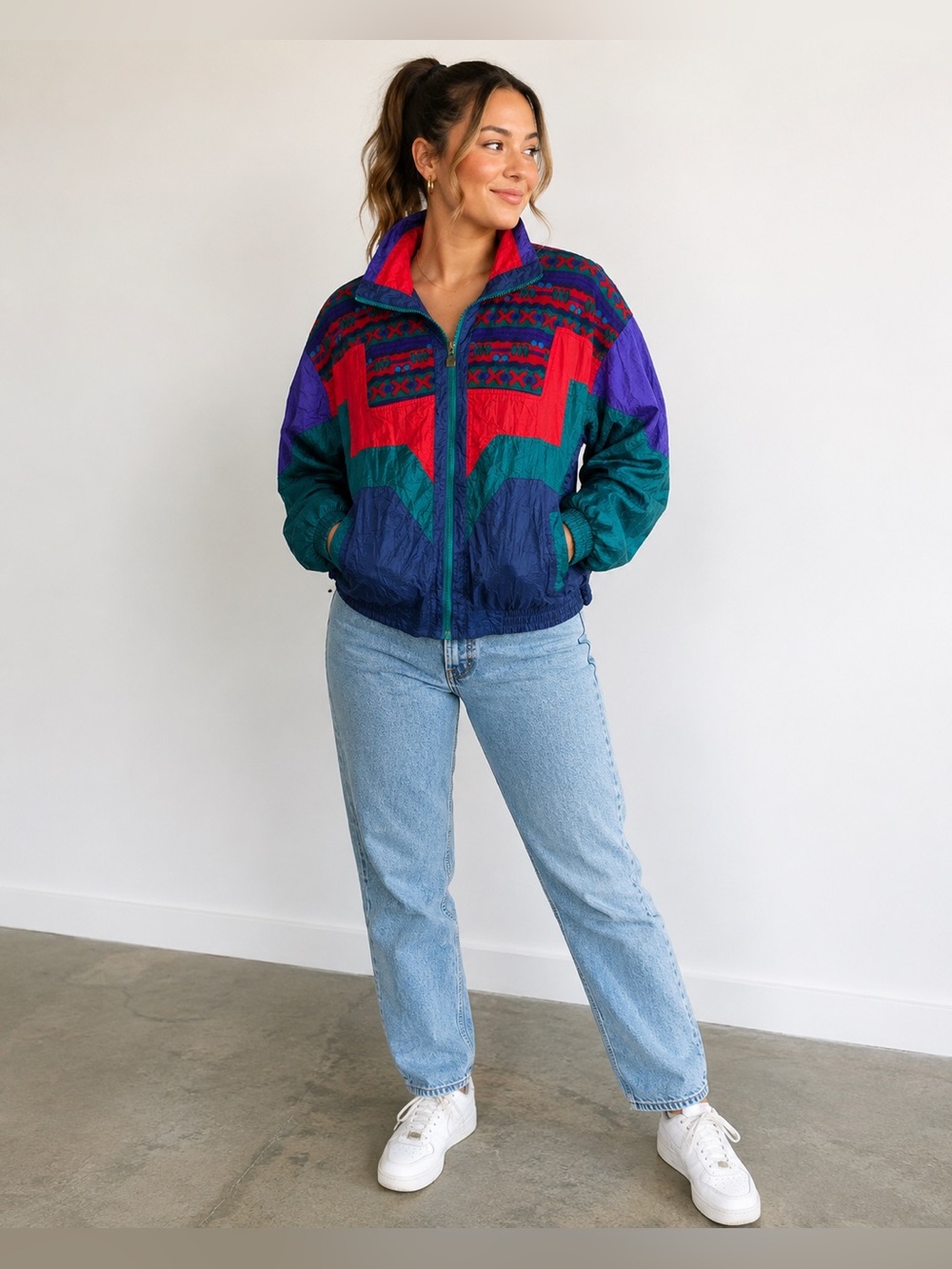 Vintage Active Stuff Colorblock Windbreaker Fleece Trim Jacket Size M